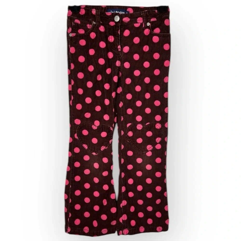 Mini Boden Girls Brown Pink Polka Dot Corduroy Pants Size 9 Heart Pockets